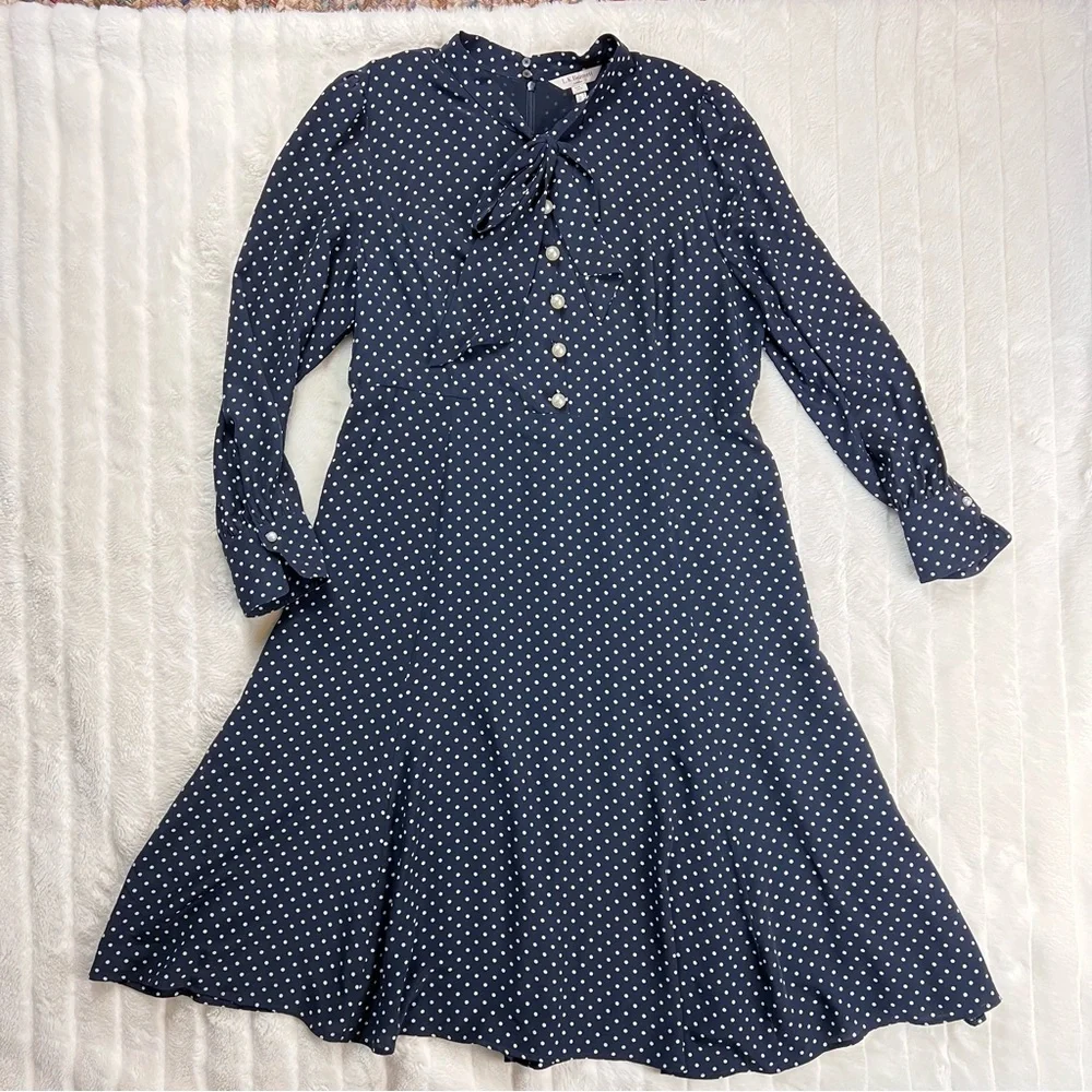 LK BENNETT navy white polka dot silk Mortimer dress in Sloane Blue - Picture 7 of 10